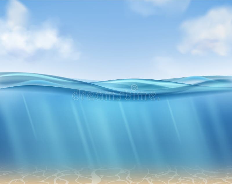 Ocean surface. Underwater blue water ocean, suns rays and seabed. Clouds, sea waves horizontal panorama. Isolated realistic vector empty undersea deep texture. Ocean surface. Underwater blue water ocean, suns rays and seabed. Clouds, sea waves horizontal panorama. Isolated realistic vector empty undersea deep texture