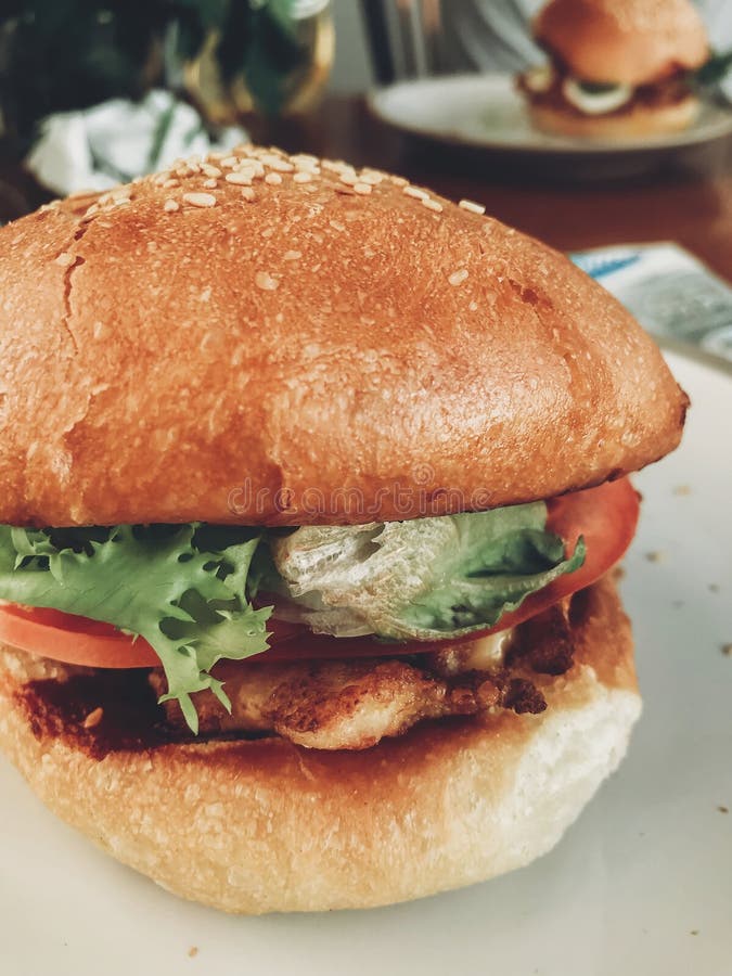 очень вкусный домодельный бургер Cheeseburger с томатами, салат, салат, цыпленок зажарил в духовке мясо и луки, домодельную еду Ф стоковое фото rf очень вкусный домодельный бургер Cheeseburger с томатами, салат, салат, цыпленок зажарил в духовке мясо и луки, домодельную еду Ф стоковое фото rf