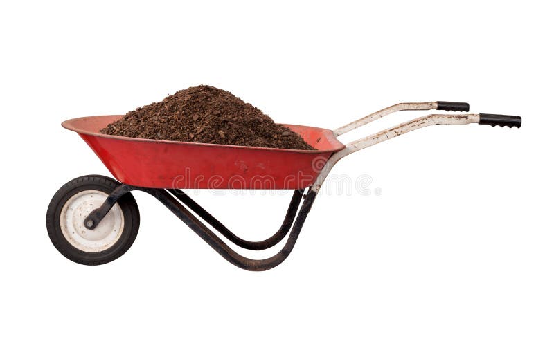 Ośniedziały Czerwony Wheelbarrow z ziemią zdjęcia stock Ośniedziały Czerwony Wheelbarrow z ziemią zdjęcia stock