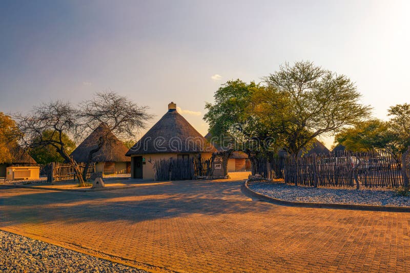 Okaukuejo, Namibia - April 3, 2019 : Okaukuejo resort and campsite in Etosha National Park photographed at sunset. Okaukuejo, Namibia - April 3, 2019 : Okaukuejo resort and campsite in Etosha National Park photographed at sunset.