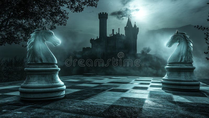 Oświeceni rycerze szachowi angażują się w strategiczną walkę pośród ruin zamku eerie msty zdjęcia stock