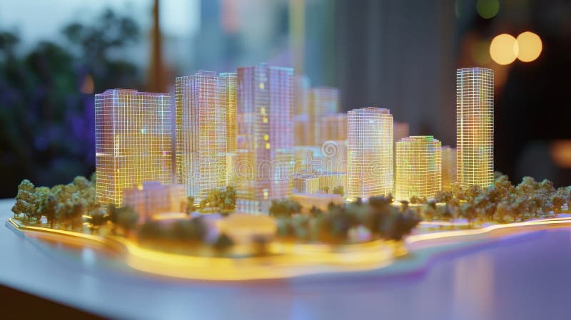 Oświetlone miasto modelowe pokazujące planowanie i rozwój miast ilustracja wektor