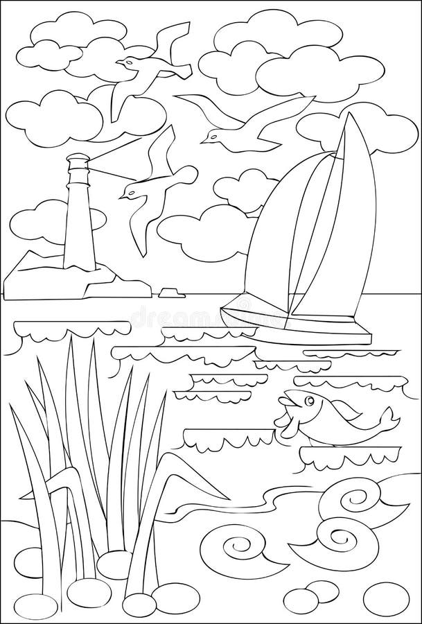Página Con El Dibujo Blanco Y Negro Del Paisaje Marino Para Colorear  Ilustración del Vector - Ilustración de imagen, arte: 73438321