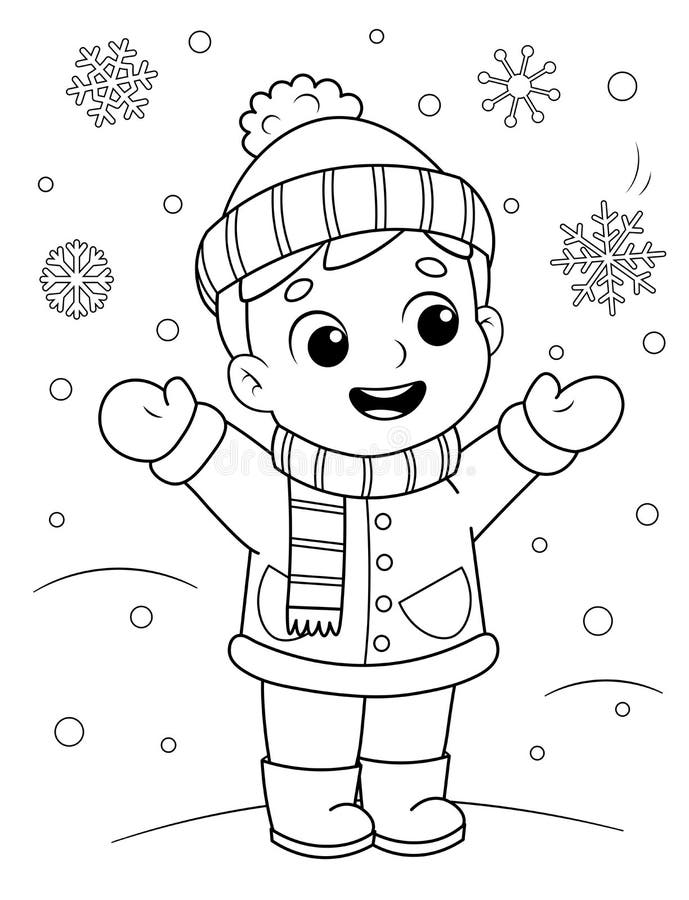 Página De Color De Un Lindo Niño De Dibujos Animados Con Ropa De Invierno  Disfrutando De La Nieve. Libro De Colorear Para Niños Ilustración del  Vector - Ilustración de libro, disfrutar: 199765962