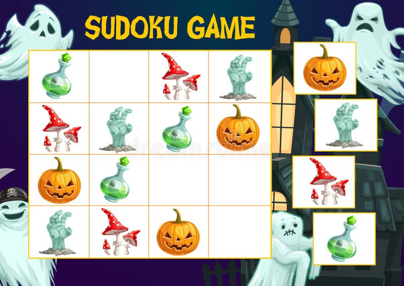 Jogo de sudoku infantil com jack o lantern de halloween