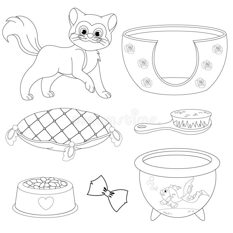 Conjunto De Brinquedos De Gato De Contorno. Jogos Para Gatinhos. Bens E  Acessórios Para Pet Shop. Página De Colorir Para Crianças Com Suprimentos  Para Animais Domésticos. Ilustrações Vetoriais Isoladas Em Estilo De