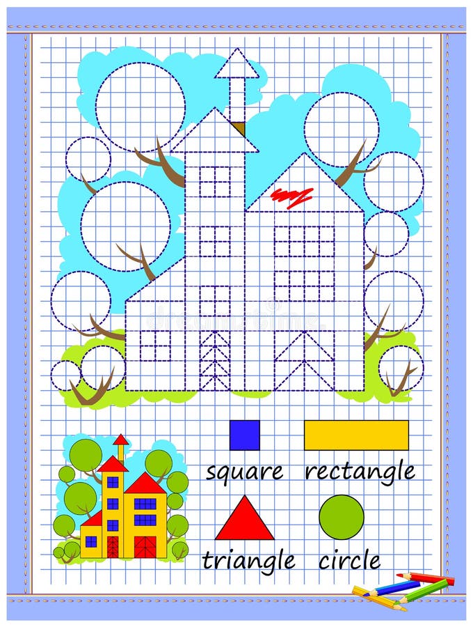 Página Educativa Para Niños. Hoja De Cálculo Imprimible En Papel Cuadrado Para Niños. Aprender a Dibujar Figuras Geométricas. Ilustración del Vector de figuras geometricas para preescolar Página Educativa Para Niños. Hoja De Cálculo Imprimible En Papel Cuadrado Para Niños. Aprender a Dibujar Figuras Geométricas. Ilustración del Vector