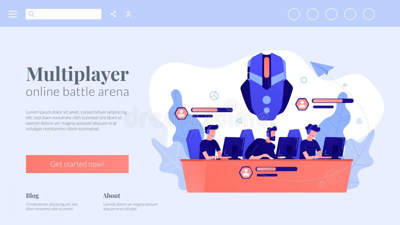 Ilustração do conceito abstrato da arena de batalha online multijogador.  arena de batalha multiplayer, jogo online massivo, mmog, moba arts,  estratégia de ação em tempo real, plataforma de jogos.