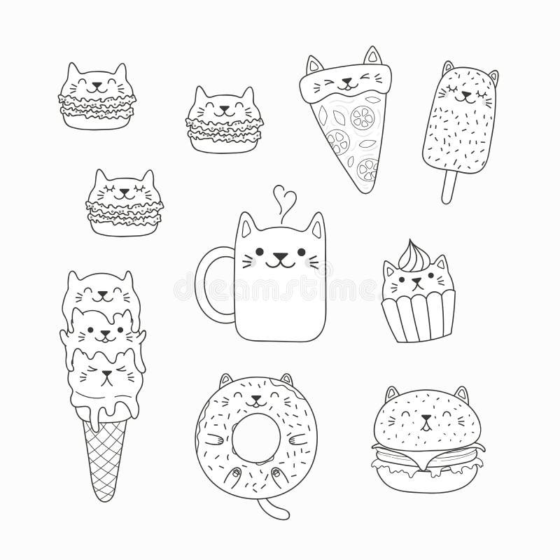 Gatinho e hambúrguer kawaii para colorir - Imprimir Desenhos