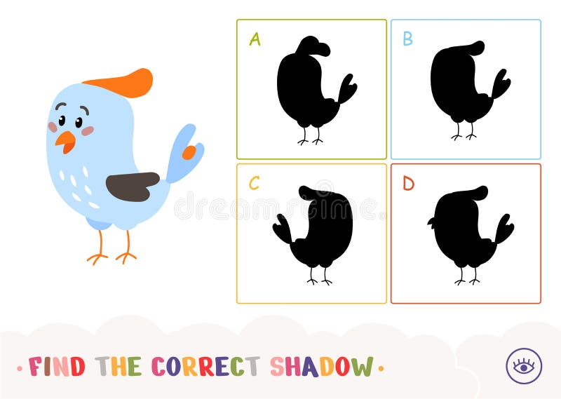 Encontre o teste de sombra correto, aprendendo o jogo de crianças com a  ilustração simples de uma galinha de desenho animado