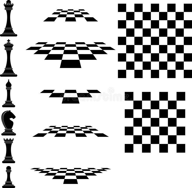 Conjunto de ícones de xadrez e tabuleiros de xadrez diferentes em branco