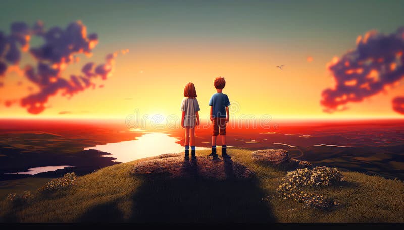 Garota de anime assistindo a ilustração 3d do pôr do sol