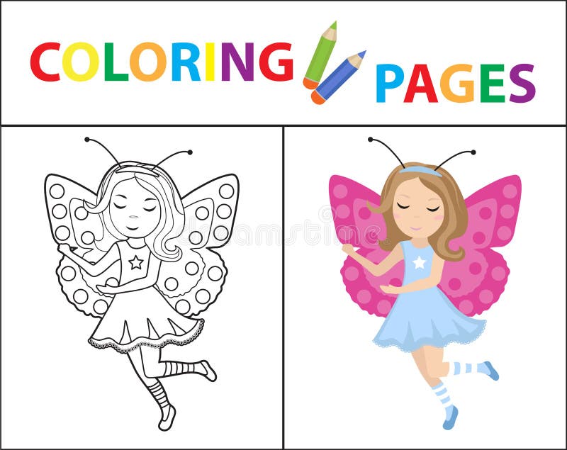 P?gina del libro de colorear para los ni?os Traje del carnaval de la mariposa de la muchacha Versi?n del esquema y del color del libre illustration P?gina del libro de colorear para los ni?os Traje del carnaval de la mariposa de la muchacha Versi?n del esquema y del color del libre illustration