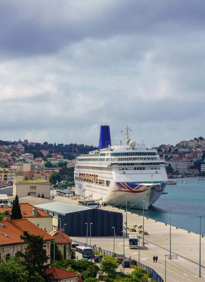 Dubrovnik, Croatia - 22 May 2019: Oriana cruise ship in P and O cruise line docked in the Dubrovnik port near the old. Dubrovnik, Croatia - 22 May 2019: Oriana cruise ship in P and O cruise line docked in the Dubrovnik port near the old