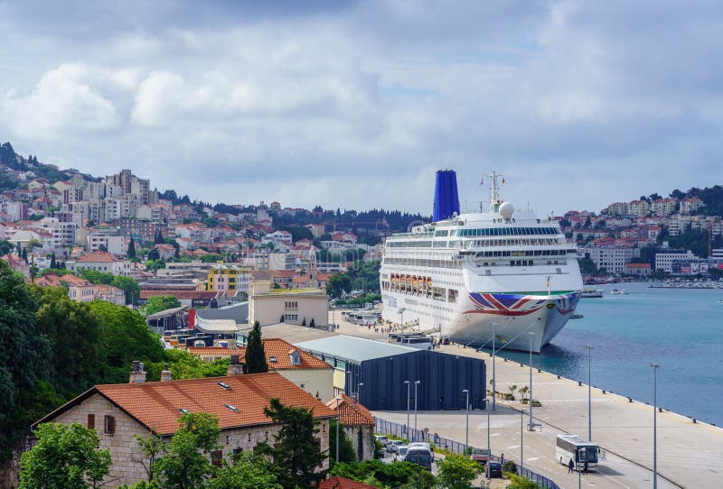 Dubrovnik, Croatia - 22 May 2019: Oriana cruise ship in P and O cruise line docked in the Dubrovnik port near the old. Dubrovnik, Croatia - 22 May 2019: Oriana cruise ship in P and O cruise line docked in the Dubrovnik port near the old