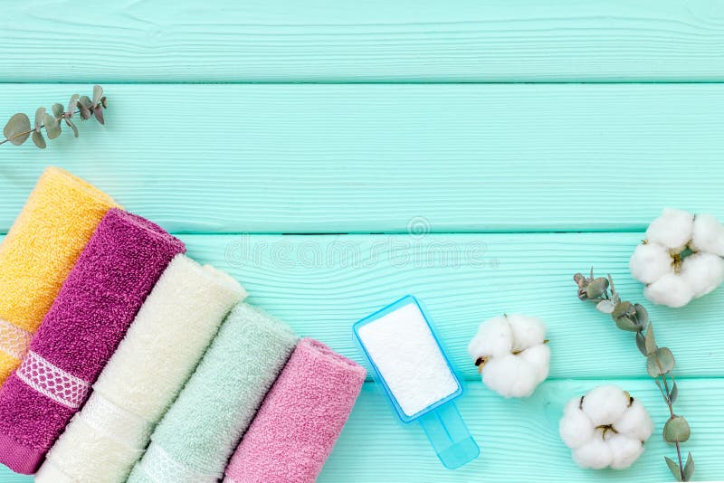 Download Powder For Laundry And Cotton Towels On Mint Green Wooden Background Top View Mockup Foto de ...