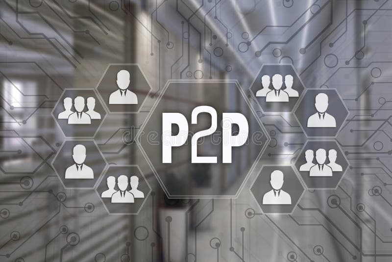 P2P, Peer to peer on the touch screen with a blur background of the office.The concept of Peer to peer. P2P, Peer to peer on the touch screen with a blur background of the office.The concept of Peer to peer.