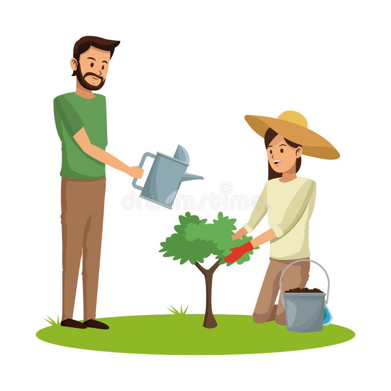 Paar die en het water geven de aarde van de boompot planten royalty-vrije illustratie Paar die en het water geven de aarde van de boompot planten royalty-vrije illustratie