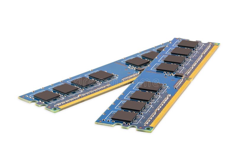 Pair of computer DDR memory modules isolated on white background with clipping path. Pair of computer DDR memory modules isolated on white background with clipping path