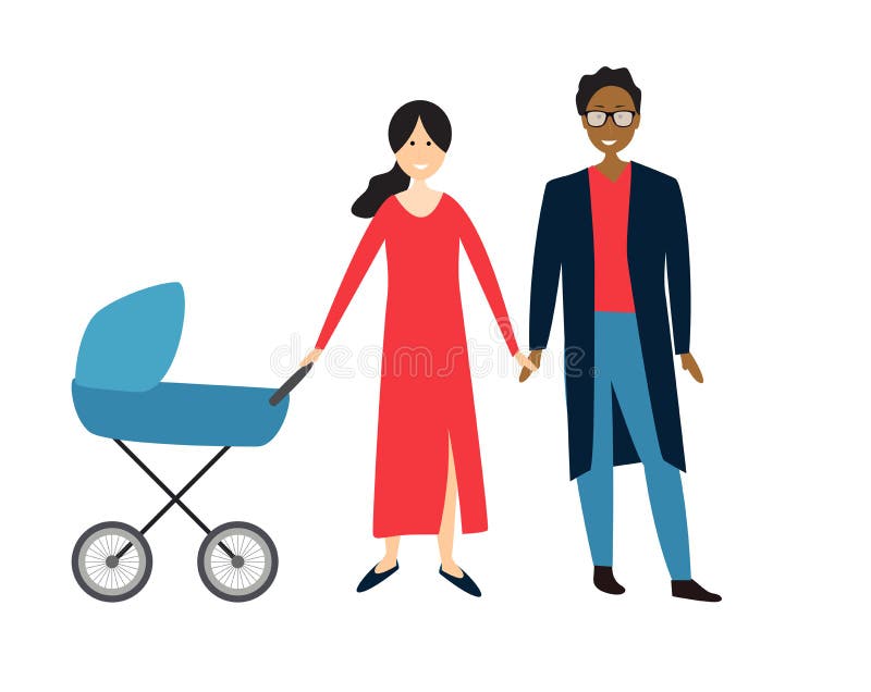 Paar met baby in een wandelwagen Vector illustratie vector illustratie Paar met baby in een wandelwagen Vector illustratie vector illustratie