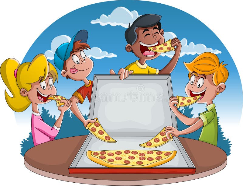 Paar van beeldverhaalmensen die ongezonde kost eten Groep beeldverhaalkinderen die pepperonispizza eten