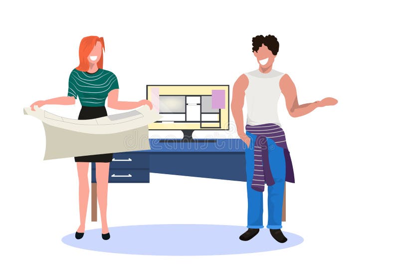 Paararchitekten, die Planfunktion auf Computer-Software halten, um GrundrissBauvorhabeningenieure zu entwerfen lizenzfreie abbildung Paararchitekten, die Planfunktion auf Computer-Software halten, um GrundrissBauvorhabeningenieure zu entwerfen lizenzfreie abbildung