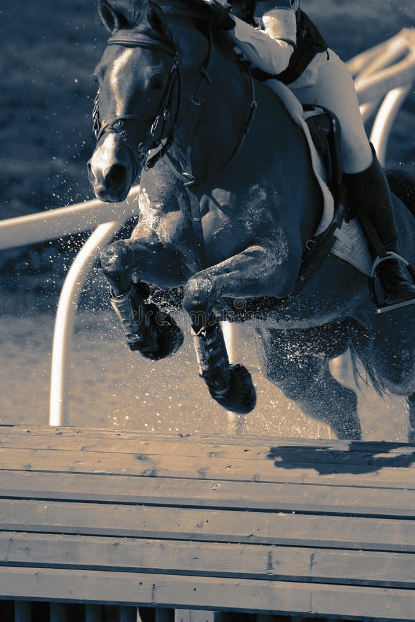 Horse and rider at a water jump competing, in the cross country stage, at an equestrian three day event. With colour toning. Horse and rider at a water jump competing, in the cross country stage, at an equestrian three day event. With colour toning