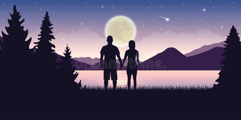 Paare in der Liebe am sch?nen See nachts mit Vollmond und mystischer Landschaft des sternenklaren Himmels lizenzfreie abbildung Paare in der Liebe am sch?nen See nachts mit Vollmond und mystischer Landschaft des sternenklaren Himmels lizenzfreie abbildung