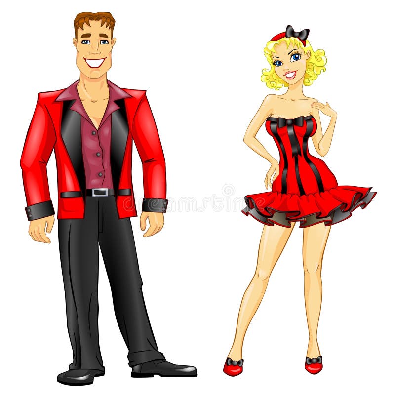 Handsome man and woman wearing red retro costumes, isolated on white background. Handsome man and woman wearing red retro costumes, isolated on white background.