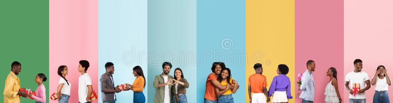 Paare feiern Liebe mit Geschenken und Lachen für St.. Valentinstag lizenzfreies stockfoto