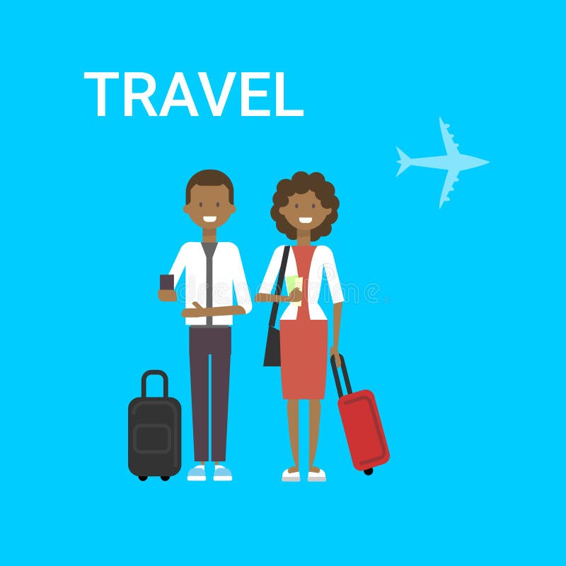 Paare von Reisenden mit Taschen-junger Afroamerikaner-Mann-und Frauen-Touristen-Reise auf Luft-blauem Hintergrund mit Flugzeug lizenzfreie abbildung Paare von Reisenden mit Taschen-junger Afroamerikaner-Mann-und Frauen-Touristen-Reise auf Luft-blauem Hintergrund mit Flugzeug lizenzfreie abbildung