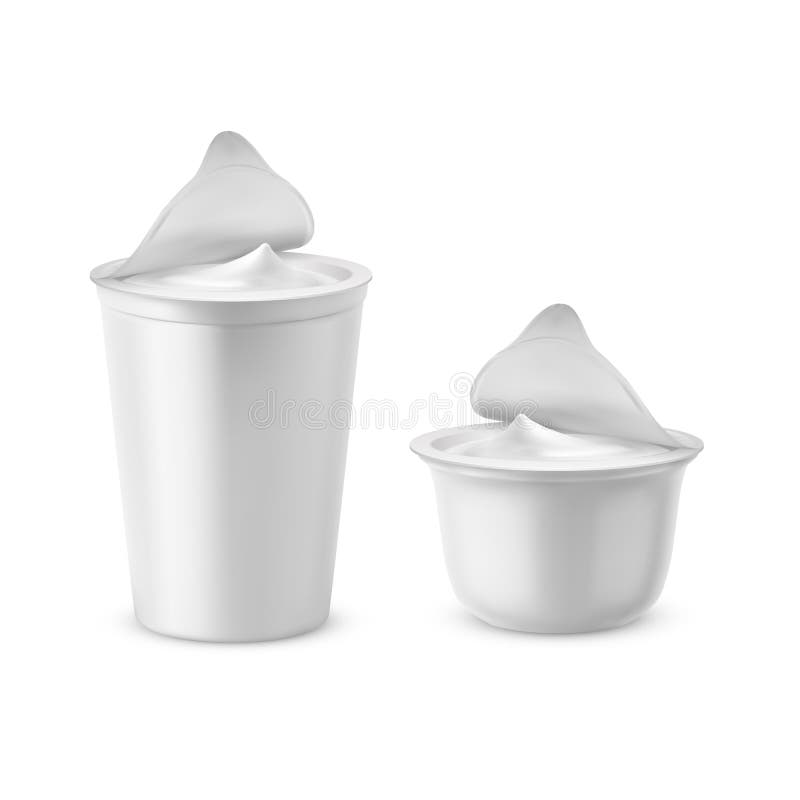 Pacchetti di plastica realistici di vettore 3d con yogurt illustrazione di stock Pacchetti di plastica realistici di vettore 3d con yogurt illustrazione di stock