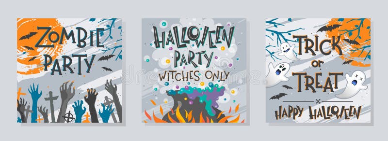 Pacchetto di poster di Halloween con mani zombie, fantasmi, cavoldrone da strega e pipistrelli volanti royalty illustrazione gratis