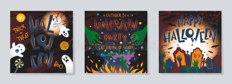 Pacchetto di poster di Halloween con mani zombie, fantasmi, dolci, cauldron da strega e pipistrelli illustrazione vettoriale