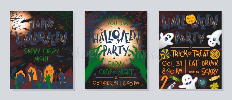Pacchetto di poster di Halloween con zucca, fantasmi, cimitero, luna piena, alberi morti e pipistrelli illustrazione vettoriale