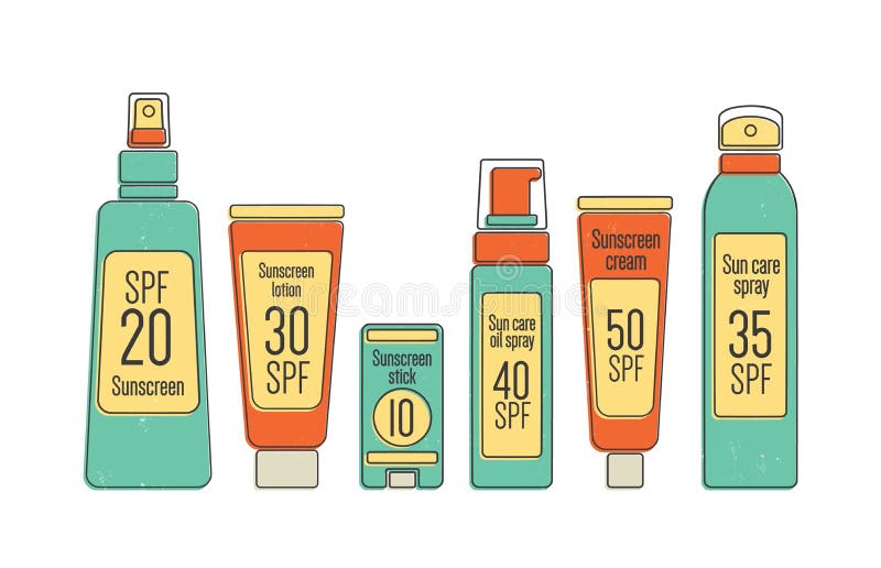 Pacco dei cosmetici di protezione del sole di SPF in vario pacchetto isolato su fondo bianco Raccolta di imballaggio per illustrazione vettoriale Pacco dei cosmetici di protezione del sole di SPF in vario pacchetto isolato su fondo bianco Raccolta di imballaggio per illustrazione vettoriale