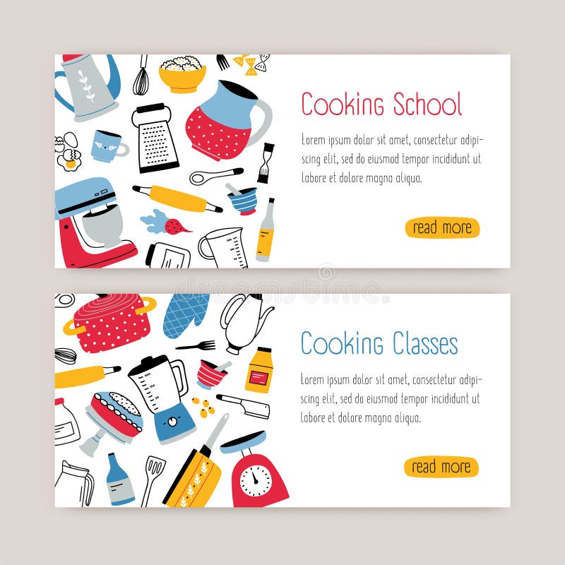 Pacco dei modelli moderni dell'insegna di web con gli utensili, gli strumenti ed il posto della cucina per testo Illustrazione va illustrazione di stock