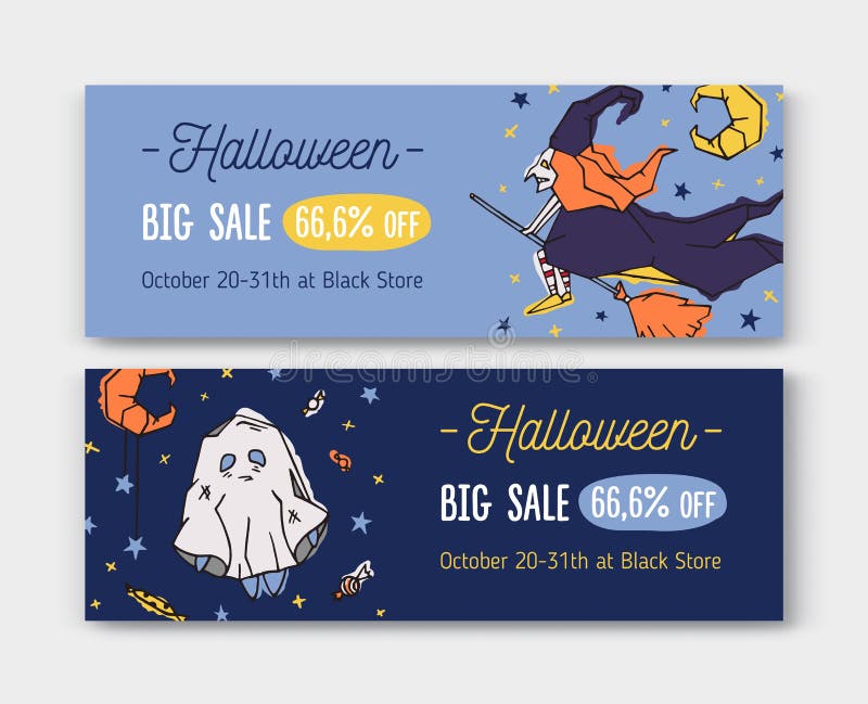 Pacco dei modelli orizzontali dell'insegna di web di festa con i caratteri di Halloween - illustrazione di vettore del fantasma e illustrazione vettoriale