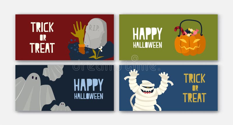 Pacco dei modelli orizzontali dell'insegna di web di festa con i caratteri di Halloween - mummia, Jack-o'-lantern con le caramell illustrazione vettoriale