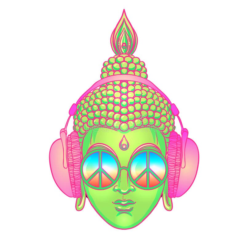 Pace e amore. buddha colorato in bicchieri arcobaleno che ascolta la musica nelle cuffie. illustrazione vettoriale. hippie