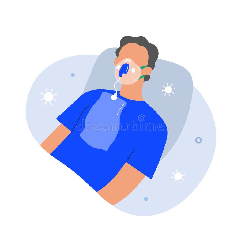 Pacient covid cu mască de oxigen, femeie în vârstă care primește terapie intensivă cu oxigen, persoană care suferă de o boală cu c stock illustration