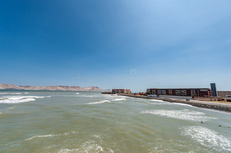 Pacific Ocean In Lima Peru With Coastline And Dock On Shore San