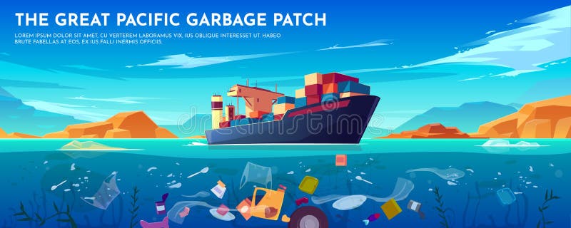 Pacific ocean plastic garbage patch banner, trash royalty free illustration