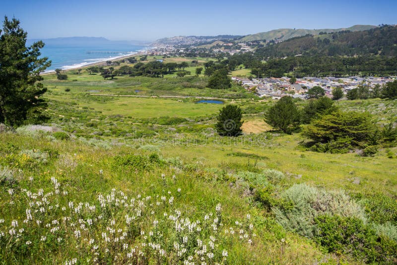 Pacifica coastline and Sharp Park Golf Course as seen from the top of Mori Point, California. Pacifica coastline and Sharp Park Golf Course as seen from the top of Mori Point, California