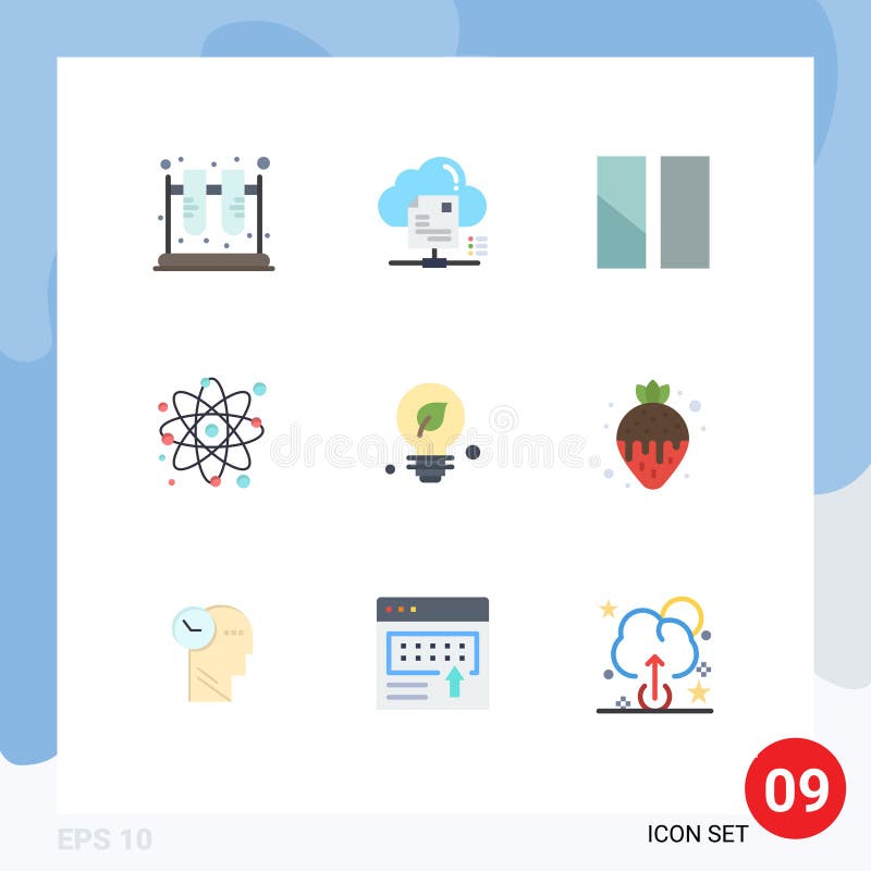 Editable Vector Line Pack of 9 Simple Flat Colors of physics, particle, cloud, atom, image stock illustration