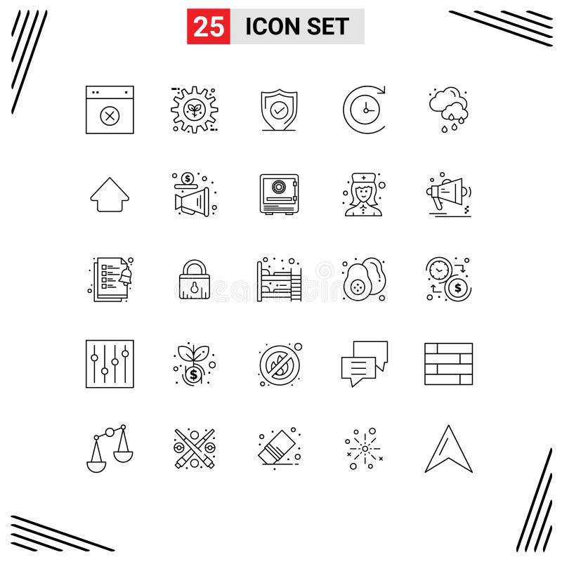 Set of 25 Modern UI Icons Symbols Signs for rainy, time machine, preference, backup, security Editable Vector Design Elements. Pack up time vectors