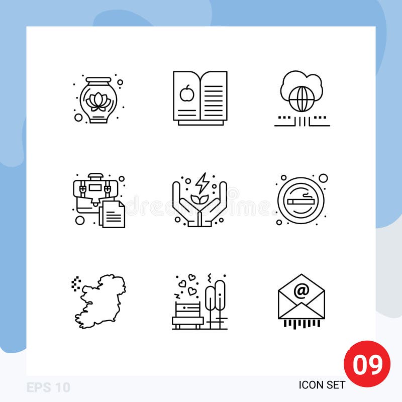 Pack of 9 creative Outlines of cigarette, power, cloud, energy, document stock illustration