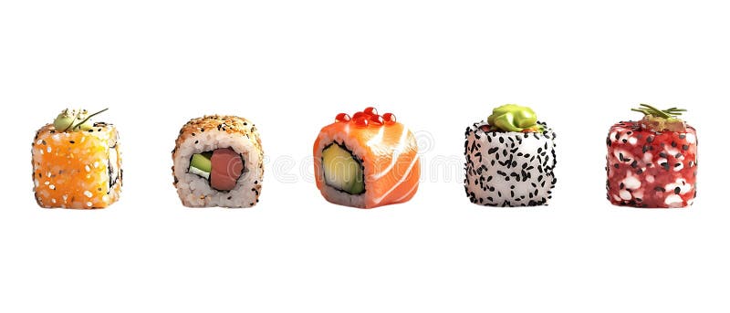 Pack of Delicious Sushi Rolls A CloseUp Look at Five Exquisite Varieties set against transparent background stock illustration