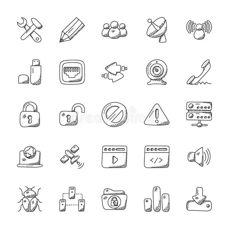 Doodle Vector Icons Of Internet Stock Illustration Illustration Of Downloading Webcam 117608362