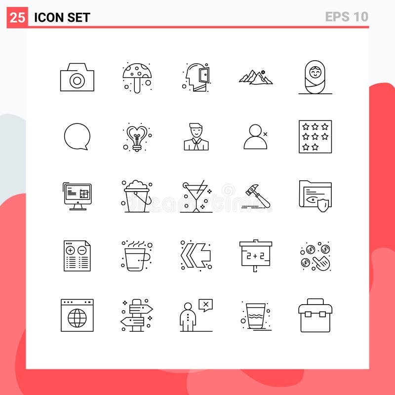 Pictogram Set of 25 Simple Lines of chat, child, thinking, baby, nature stock illustration